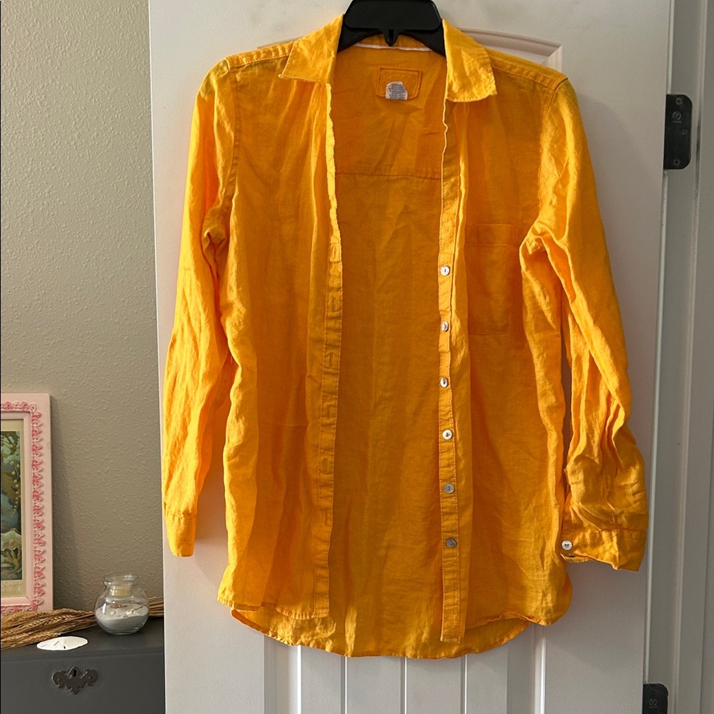 Sigrid Olsen orange yellow 100% linen button up shirt, size S